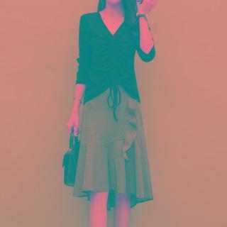 Set: Long-sleeve Drawstring T-shirt + Ruffled Skirt