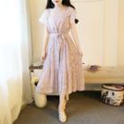 Set: Mesh Short-sleeve Dress + Floral Print Midi Spaghetti Strap Dress