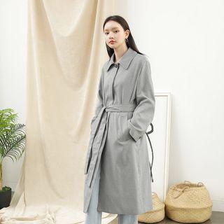 Hidden-button Houndstooth Coat With Sash Black - One Size