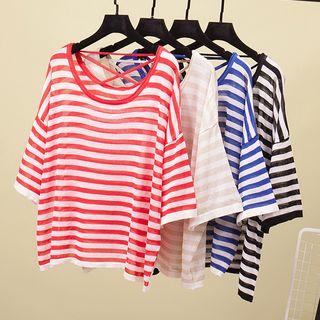 Striped Elbow-sleeve Open Knit Top