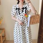 Puff-sleeve Floral Print Midi A-line Dress Milky White - One Size