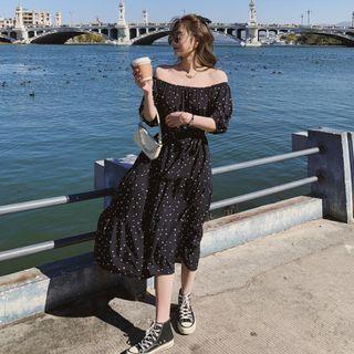 Puff-sleeve Dotted Off-shoulder Midi A-line Dress