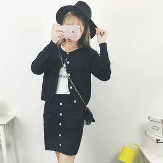 Set: Plain Cardigan + Mini Buttoned Skirt