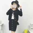 Set: Plain Cardigan + Mini Buttoned Skirt