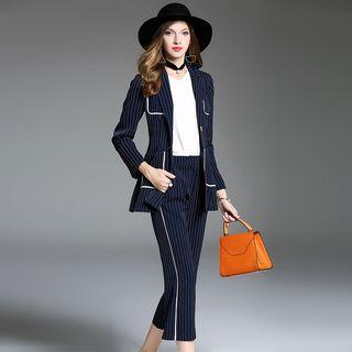 Set: Notched-lapel Striped Buttoned Blazer + Striped Cropped Pants