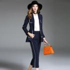 Set: Notched-lapel Striped Buttoned Blazer + Striped Cropped Pants