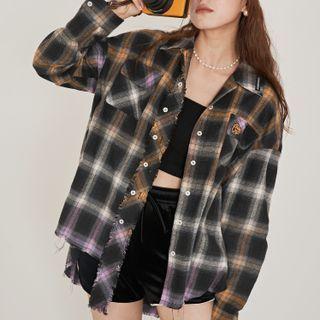 Long-sleeve Polo-collar Frayed Color-block Gradient Plaid Shirt