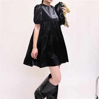 Round-neck Plain Faux Leather Oversize Mini Dress