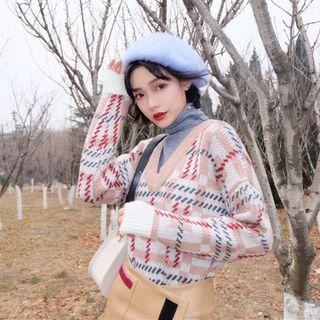 Mock Two-piece Turtleneck Patterned Sweater As Shown In Figure - One Size