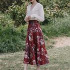 Set: Layered Collar Blouse + Flower Print Midi A-line Dress