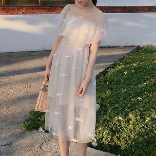 Short-sleeve Square Neck Chiffon Midi A-line Dress