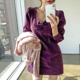 Sweetheart Neckline Long-sleeve Mini A-line Velvet Dress Purple - One Size