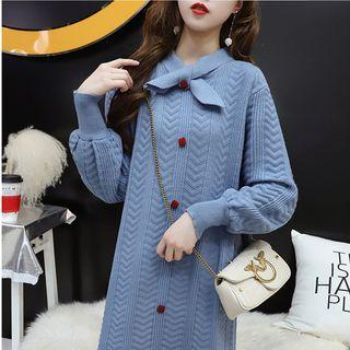 Tie Neck Long-sleeve Midi Knit Dress