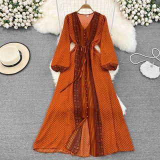 Long Sleeve V-neck Dotted A-line Shirt Dress