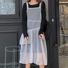 Long-sleeve T-shirt Dress / Strappy Sheer Midi Dress