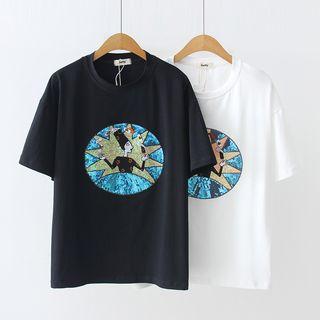 Elbow-sleeve Sequined Embroidery T-shirt