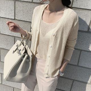 Set: V-neck Sheer Cardigan + Sleeveless Top Light Beige - One Size