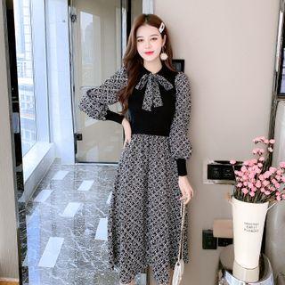 Tie-neck Printed Mock Two-piece Dress