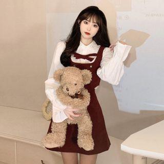 Long-sleeve Frill Trim Blouse / Double-breasted Camisole Top / Mini A-line Skirt
