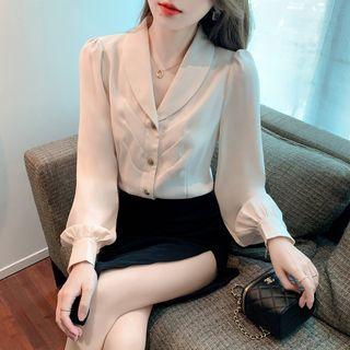 Lantern-sleeve Collared Button-up Blouse