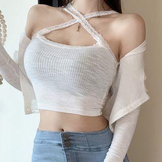 Lace Trim Cropped Camisole Top / Cropped Cardigan