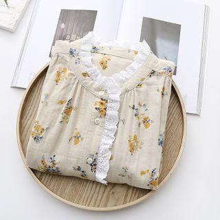 Floral Print Lace Trim Long-sleeve Shirt Yellow - One Size