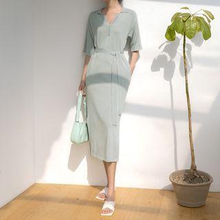 Notch-neck Long Knit Dress With Sash