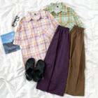 Short-sleeve Plaid Shirt / Plain Midi Skirt