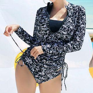 Set: Drawstring Tankini + Floral Print Zip Cover-up