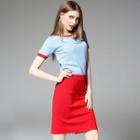 Set: Short-sleeve Knit Top + Pencil Skirt