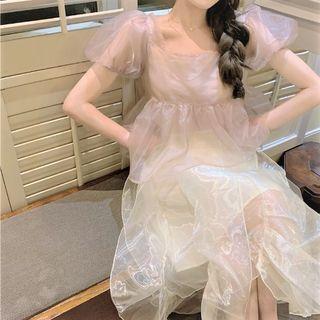 Puff-sleeve Mesh Blouse / Mesh Skirt