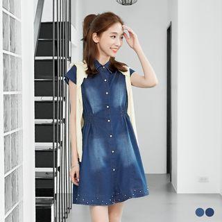 Beaded Short-sleeve Washed A-line Denim Dress