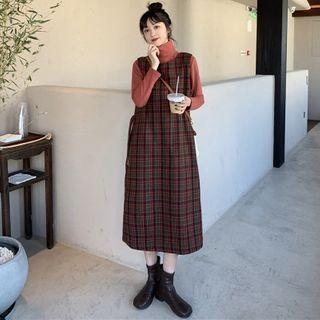 Long-sleeve Turtleneck T-shirt / Plaid Midi Overall Dress