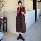 Long-sleeve Turtleneck T-shirt / Plaid Midi Overall Dress