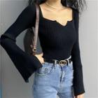 Square-neck Striped Knit Top Black - One Size