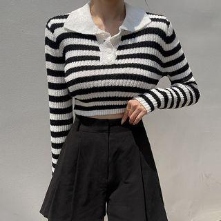 Cropped Stripe Rib-knit Rugby Shirt