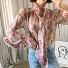 Tie-neck Pleated Floral Chiffon Blouse Pink - One Size