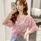 Floral Print Elbow-sleeve Drawstring Ruched Blouse