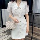 Puff-sleeve Wide-collar Embellished Mini Shift Dress