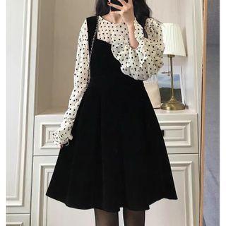 Dotted Blouse / Mini Overall Dress / Set