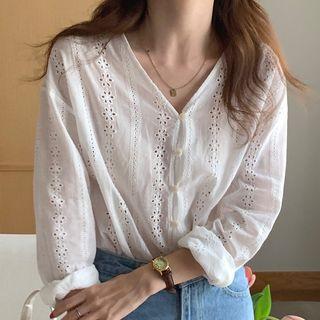 Long-sleeve Eyelet Lace V-neck Blouse White - One Size