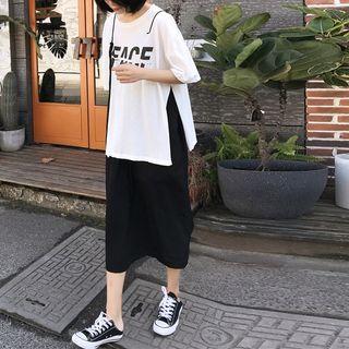 Mock Two-piece Elbow-sleeve Letter Midi Dress