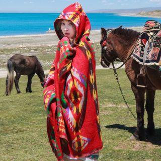 Patterned Fringed Hooded Cape