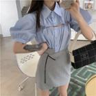 Puff-sleeve Cutout Shirt / Asymmetrical Check Mini Pencil Skirt