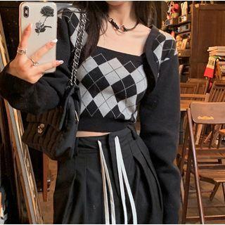 Set: Argyle Camisole + Open Front Knit Cardigan