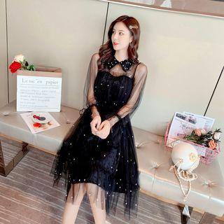 Dotted Long-sleeve Midi Mesh Dress