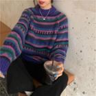 Long-sleeve Printed Knit Sweater Purple - One Size