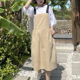 Puff-sleeve Plain Blouse / Midi A-line Overall Dress