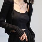 Set:plain Long-sleeve Rib-knit Cardigan + Plain Strap Top