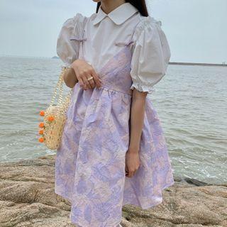Puff Short-sleeve Shirt / Floral Strappy A-line Dress